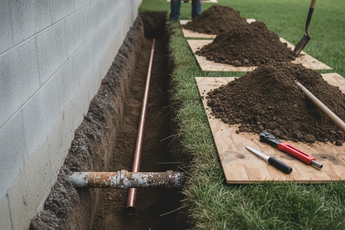 Excavated water line trench during Sewer Line Repair in Tatamy